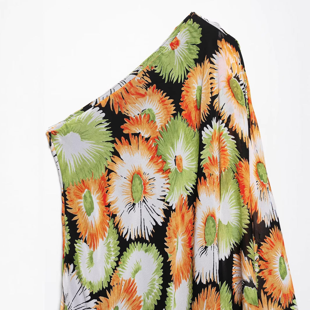 Asymmetric sloping shoulder sleeveless printed dress for women