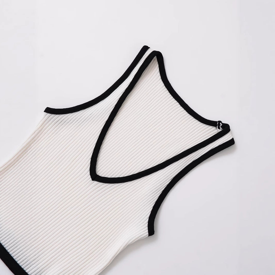 Color blocking patchwork hem knitted T-shirt top for women