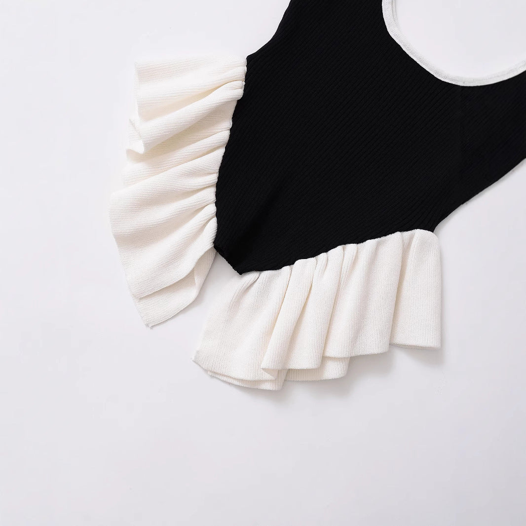 Lace patchwork hem contrasting knit camisole vest