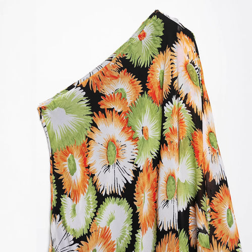 Asymmetric sloping shoulder sleeveless printed dress for women