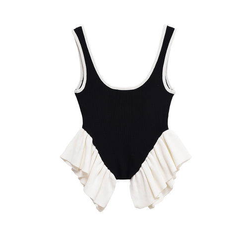 Lace patchwork hem contrasting knit camisole vest