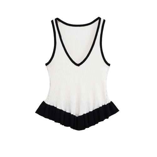 Color blocking patchwork hem knitted T-shirt top for women