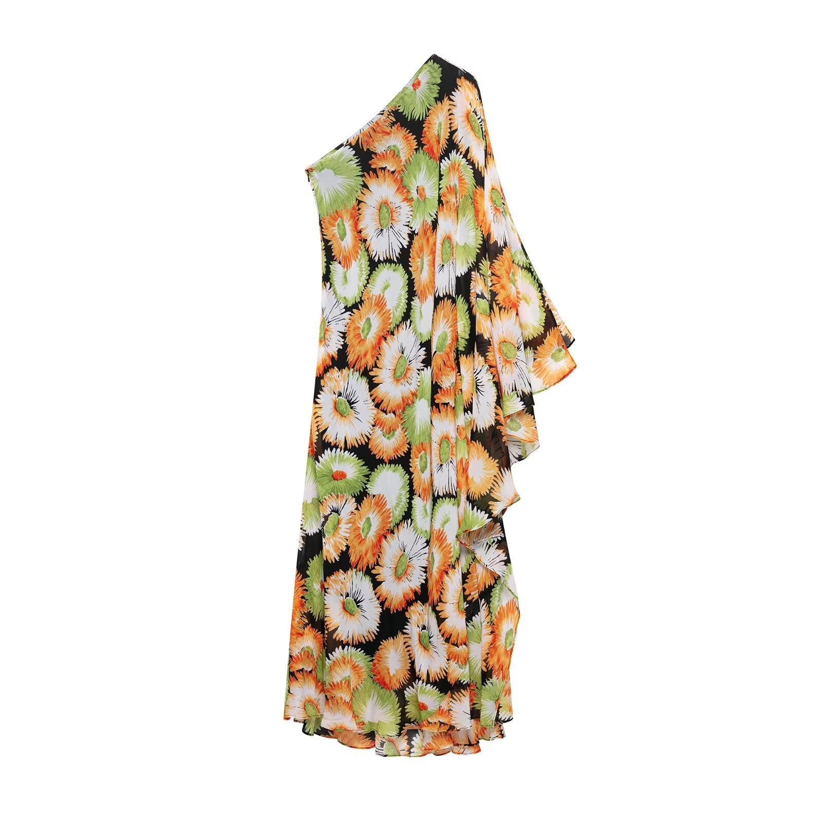 Asymmetric sloping shoulder sleeveless printed dress for women